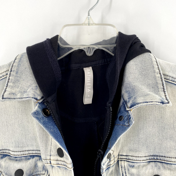 Athleta Double Time Denim Jacket Hooded Vest Combo Womens Sz S Acid Wash/Black - Picture 3 of 16
